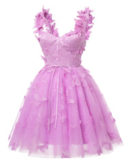 Lavender 3D Butterfly Lace Applique Tulle Homecoming Dress for Teens Sweetheart Mini Short Prom Dresses