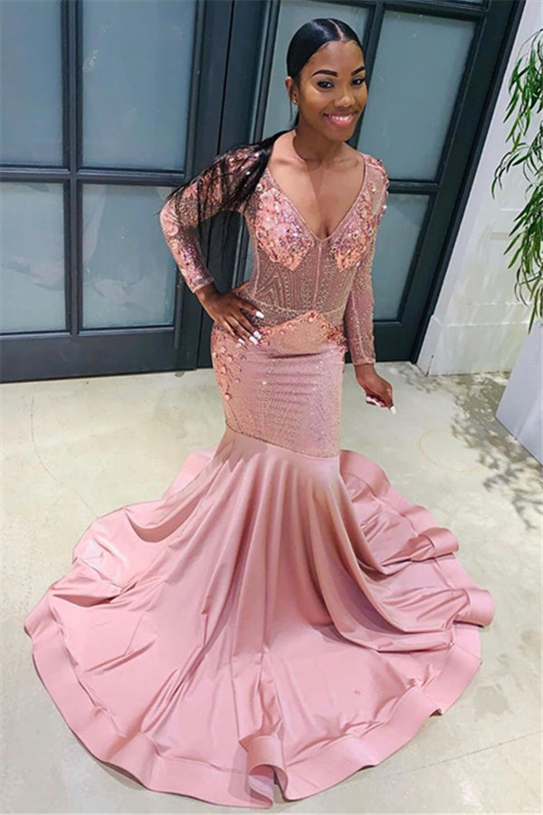 Pink Beads Sequins Chic V-neck Prom Dresses Fit and Flare Long Sleeves Elegant Evening Gowns