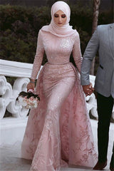 Pink Detachable Long-Sleeves Prom Dresses Appliques Lace Mermaid Evening Gowns