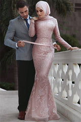 Pink Detachable Long-Sleeves Prom Dresses Appliques Lace Mermaid Evening Gowns