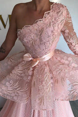 Pink Elegant Organza Long Prom Dress One Shoulder With Long Sleeve On One Side
