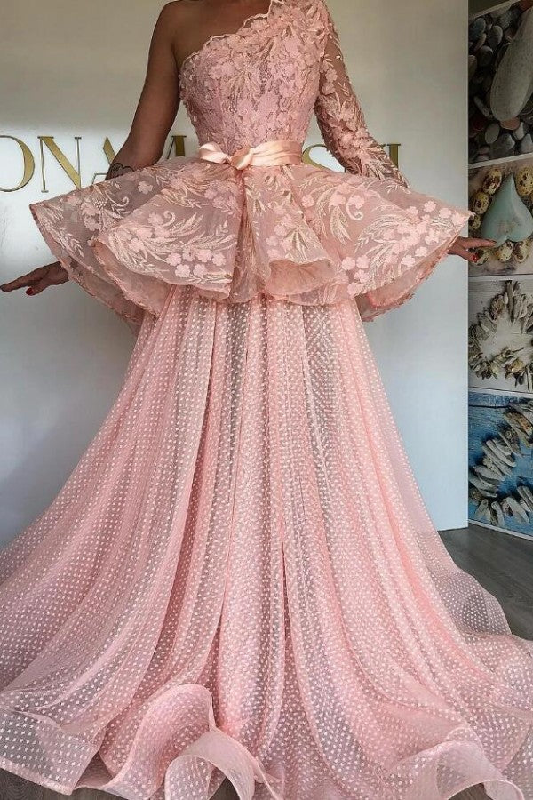 Pink Elegant Organza Long Prom Dress One Shoulder With Long Sleeve On One Side