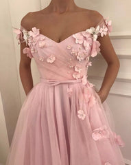 Pink Flowers A-Line Tulle Long Prom Party Gowns| Elegant Off-the-Shoulder Evening Gowns