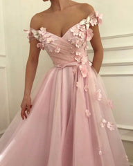 Pink Flowers A-Line Tulle Long Prom Party Gowns| Elegant Off-the-Shoulder Evening Gowns