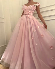 Pink Flowers A-Line Tulle Long Prom Party Gowns| Elegant Off-the-Shoulder Evening Gowns