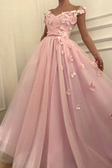 Pink Flowers A-Line Tulle Long Prom Party Gowns| Elegant Off-the-Shoulder Evening Gowns