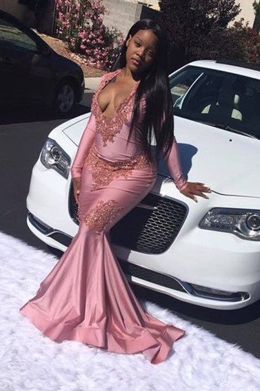 Pink Mermaid Long Sleevess V-neck Floor Length Prom Dresses