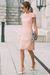 Pink Short Sleeves Column Lace Knee Length Short Homecoming Dress