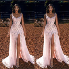 Pink Straps Sweetheart Long Prom Dress Mermaid Ruffles Evening Gowns With Slit