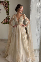 Pluging V neck Champange See through Wedding Dress