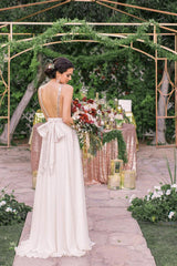 Plunging Neck Sequined Open Back Sleeveless Bowknot Long Summer Beach Wedding Dresses