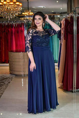 Plus size Half Sleeves Navy Blue Mother of bride Dress Modest Round neck Lace Bridesmaid Dress for Summer Wedding