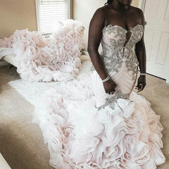 Plus Size Mermaid Crystal Lace Beads Sweetheart Long Train African Custom Made Ruffless Wedding Dresses