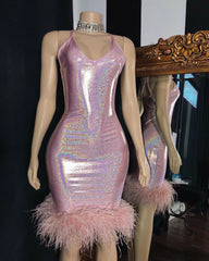 Radiant Mermaid V-neck Sleeveless Homecoming Dresses with Furs