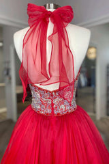 Red Beaded Halter Backless A-Line Long Prom Gown