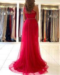 Red One Shoulder Tulle Prom Dress Long Mermaid Appliques Evening Gown With SPlit