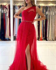 Red One Shoulder Tulle Prom Dress Long Mermaid Appliques Evening Gown With SPlit