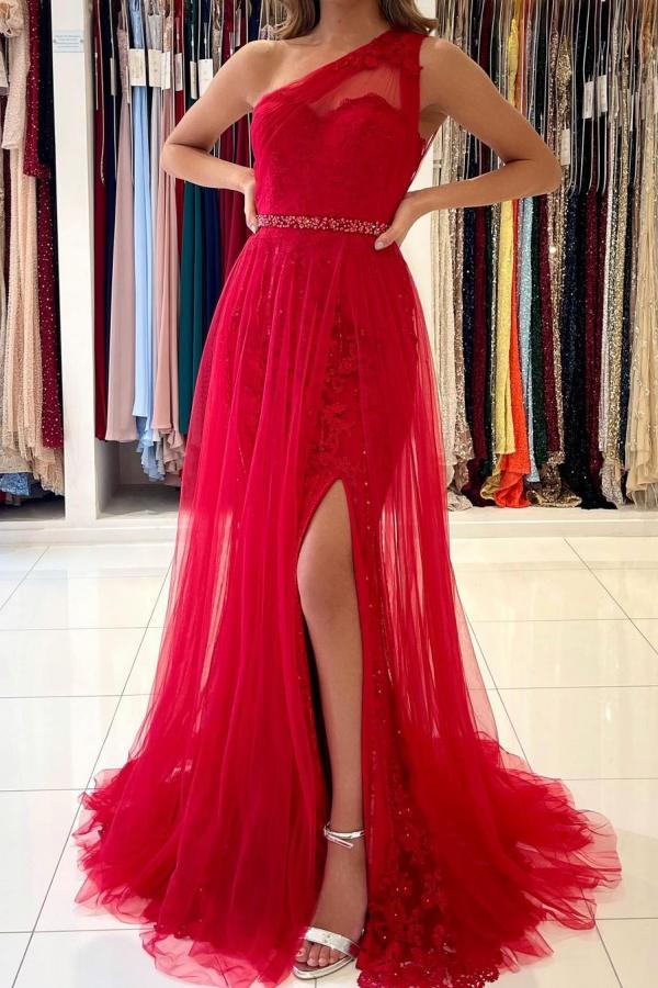 Red One Shoulder Tulle Prom Dress Long Mermaid Appliques Evening Gown With SPlit