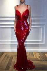 Red Spaghetti-Straps Sleeveless Sequins Mermaid Prom Dresses