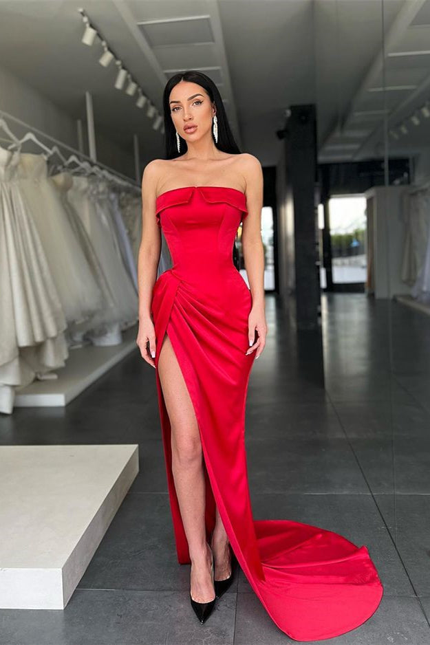 Red Strapless Long Prom Dress Mermaid With Slit