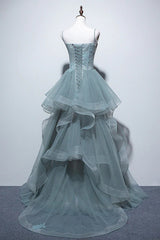 Gray Spaghetti Straps Tulle Princess Formal Evening Party Dresses Long Formal Prom Dresses