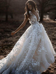 Romantic Ivory Lace Floor length A line Puffy Princess Wedding Dress