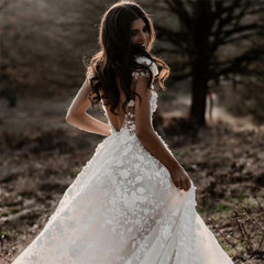 Romantic Ivory Lace Floor length A line Puffy Princess Wedding Dress