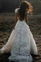 Romantic Ivory Lace Floor length A line Puffy Princess Wedding Dress