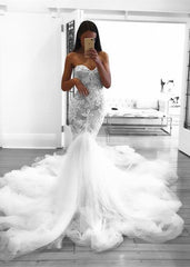 Romantic Sweetheart Lace White Sheer Wedding Dress Mermaid Bridal Gown