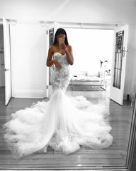 Romantic Sweetheart Lace White Sheer Wedding Dress Mermaid Bridal Gown