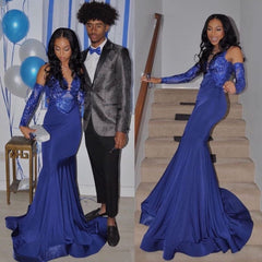 Royal Blue Mermaid Prom Party Gowns Sequined V-Neck Party Wear