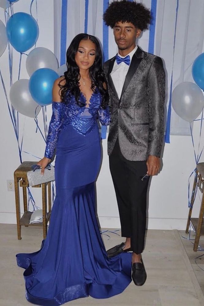 Royal Blue Mermaid Prom Party Gowns Sequined V-Neck Party Wear