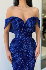 Royal Blue Sequins Mermaid Evening Dress Long Off-ther-Shoulder