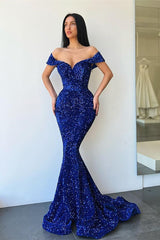 Royal Blue Sequins Mermaid Evening Dress Long Off-ther-Shoulder