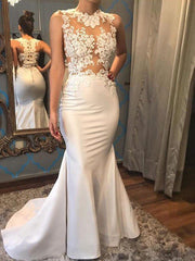 Satin Mermaid Scoop Sleeveless Applique Court Train Wedding Dresses