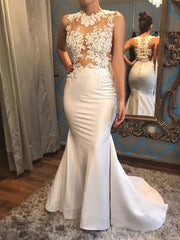 Satin Mermaid Scoop Sleeveless Applique Court Train Wedding Dresses