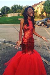 Sequins Tulle Floor Length Red Halter Mermaid Prom Dresses