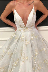 Sexy Ball Gown White Prom Dress Spaghetti Straps Long V-neck