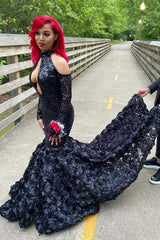 Sexy Black Sparkle Keyhole Mermaid Flowers Cold shoulder Prom Dresses