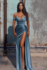 Sexy Dusty Blue Long Off-the-shoulder High Split Prom Dresses