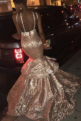 Sexy Gold Spaghetti Straps Mermaid Prom Dress Sequins Long
