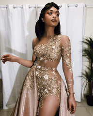 Sexy Gold Two-piece Prom Dress Sequins Long Sleeve On One Side