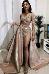 Sexy Gold Two-piece Prom Dress Sequins Long Sleeve On One Side