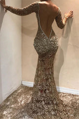 Sexy Gold V-Neck Long Sleeves Mermaid Prom Dress Sequins Long