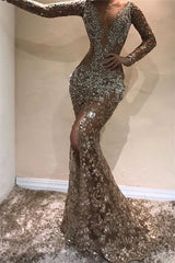 Sexy Gold V-Neck Long Sleeves Mermaid Prom Dress Sequins Long