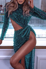 Sexy Green Long Sleeve Slit Prom Dress Long Sequins Beadings