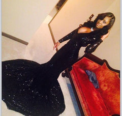 Sexy Long Sleeves Black Mermaid Prom Dress Sequins V-neck Long