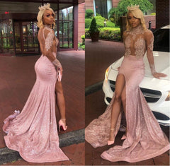Sexy Long Sleeves Round Collar Prom Dress Pink Sequins Long Backless With Split