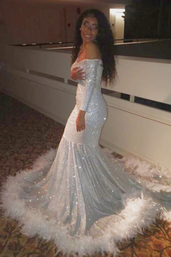 Sexy Long Sleeves Silvery Mermaid Prom Dress Sequins Strapless Long