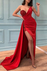 Sexy Red One Shoulder Slit Prom Dress Long With Sequins Beadings